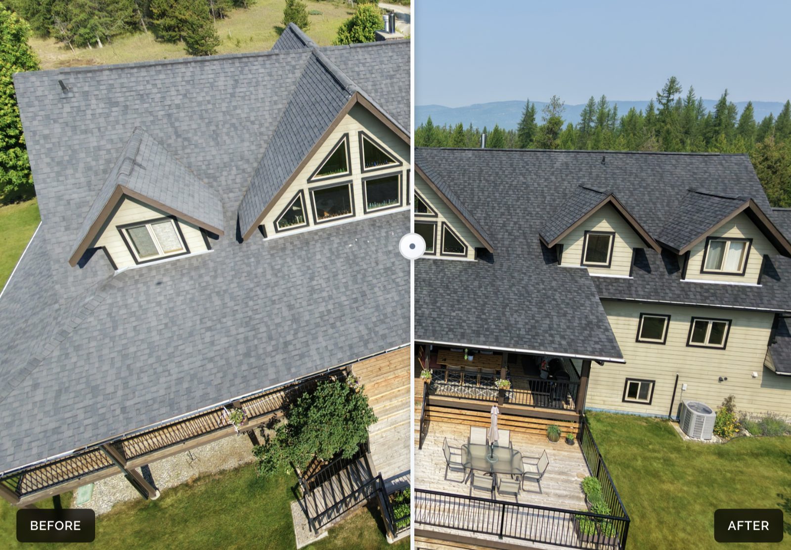 Before and after comparison of a cabin-style roof with dormer windows treated with NuRoof