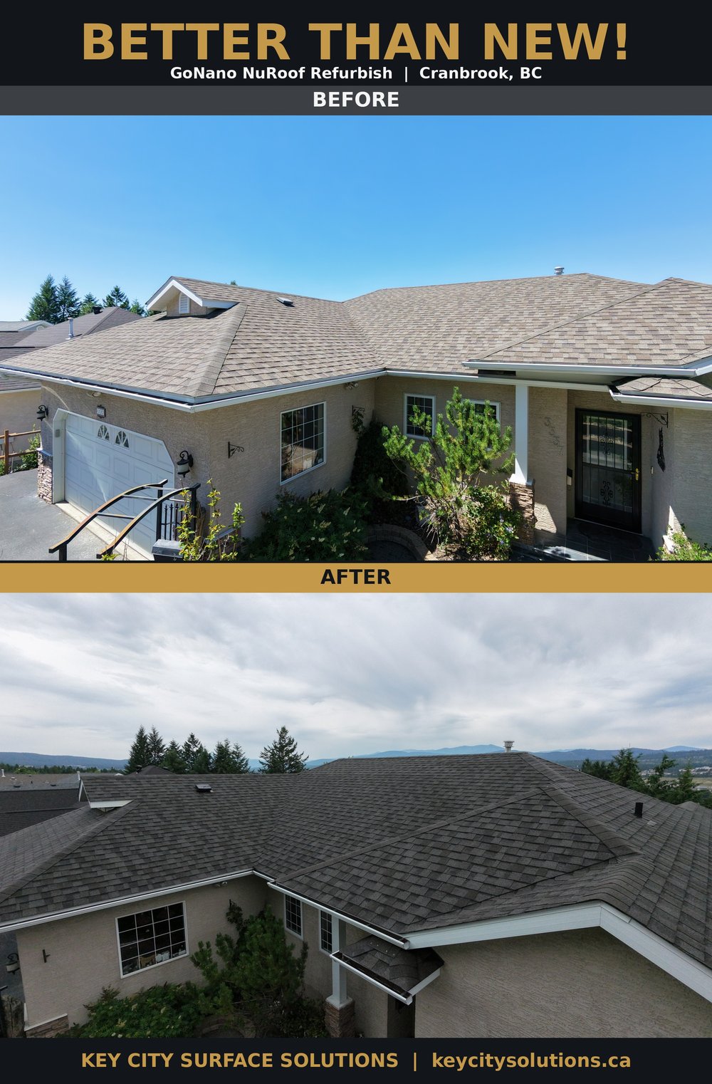 Better than new before and after graphic of a Cranbrook home roof treated with GoNano NuRoof