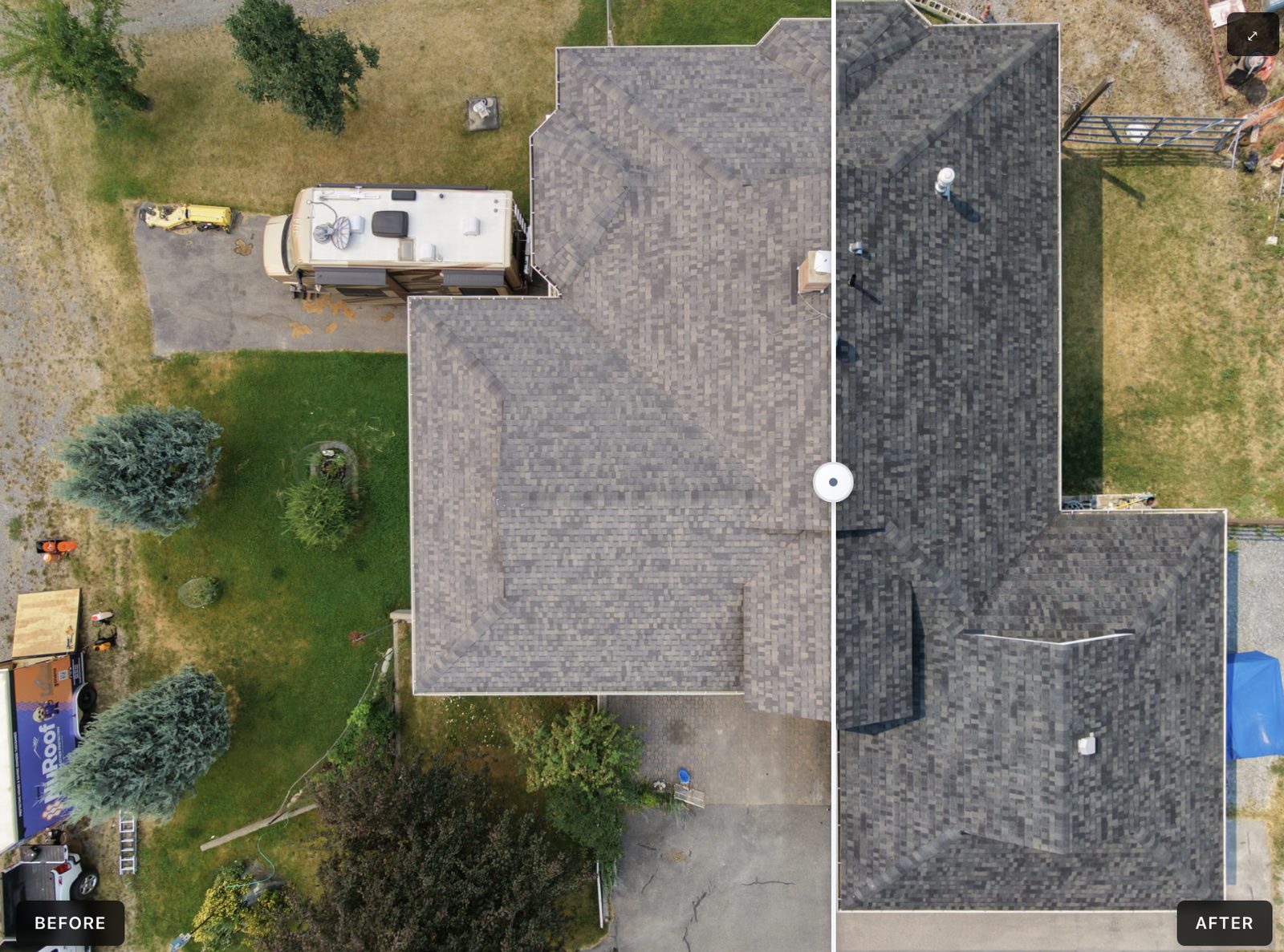 Aerial before and after of a complex hip roof restored with NuRoof treatment