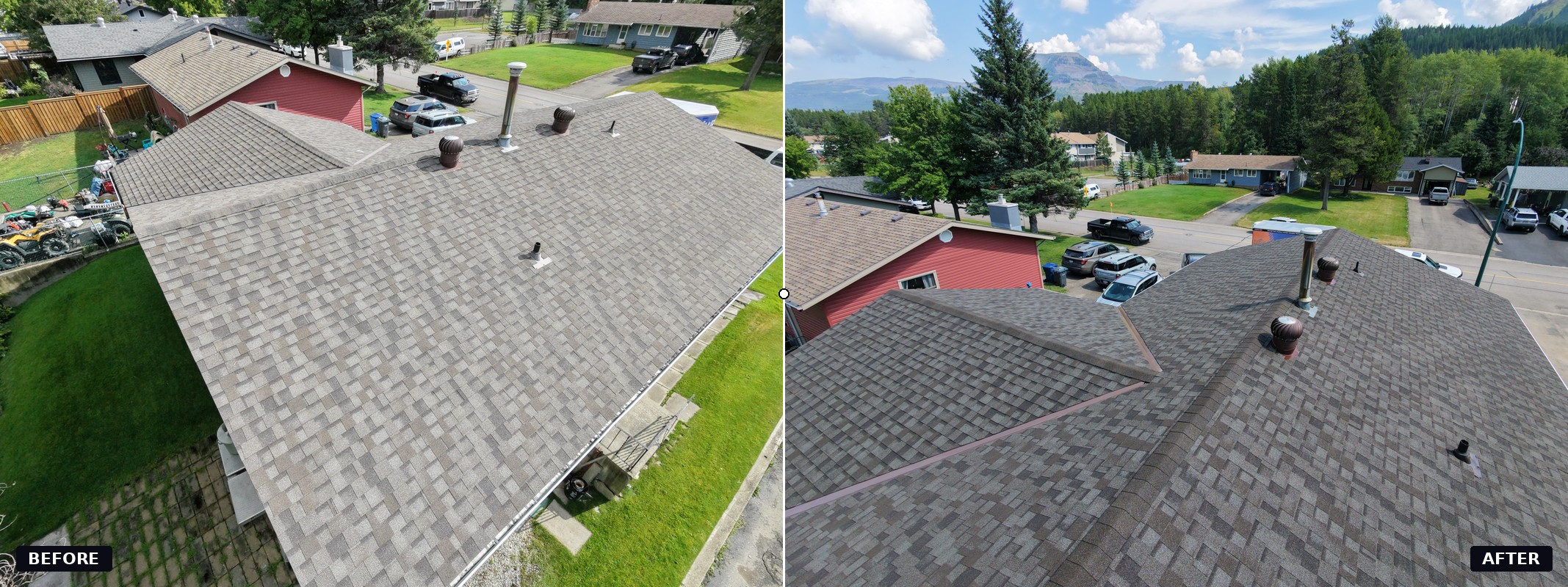 Before and after aerial comparison of a shingle roof treated with NuRoof