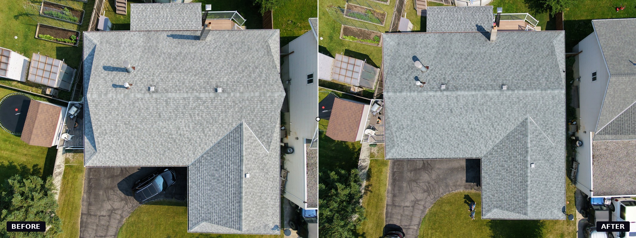 Before and after aerial comparison of a grey shingle roof treated with NuRoof