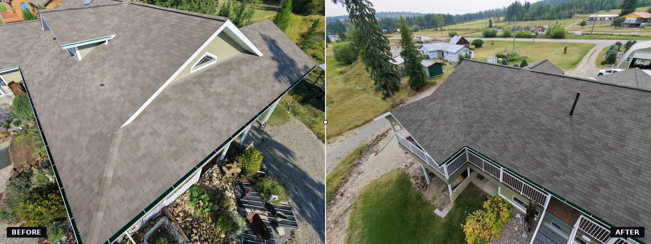 Before and after aerial comparison of a farmhouse-style roof treated with NuRoof