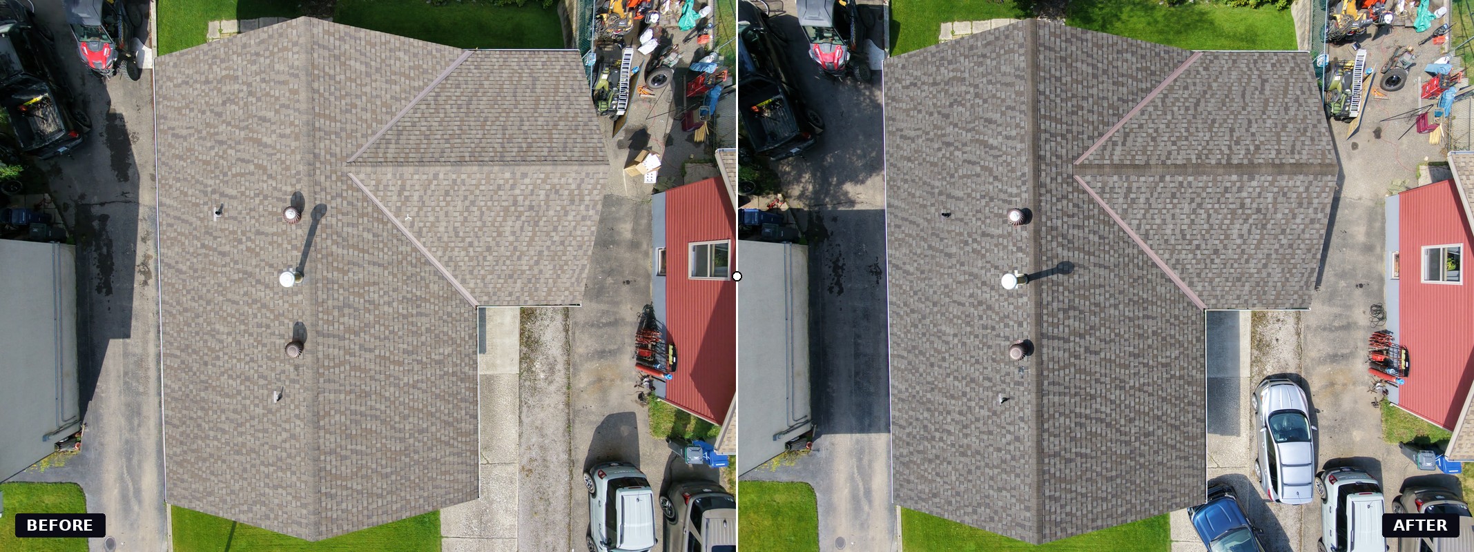 Before and after aerial comparison of a neighbourhood home roof treated with NuRoof
