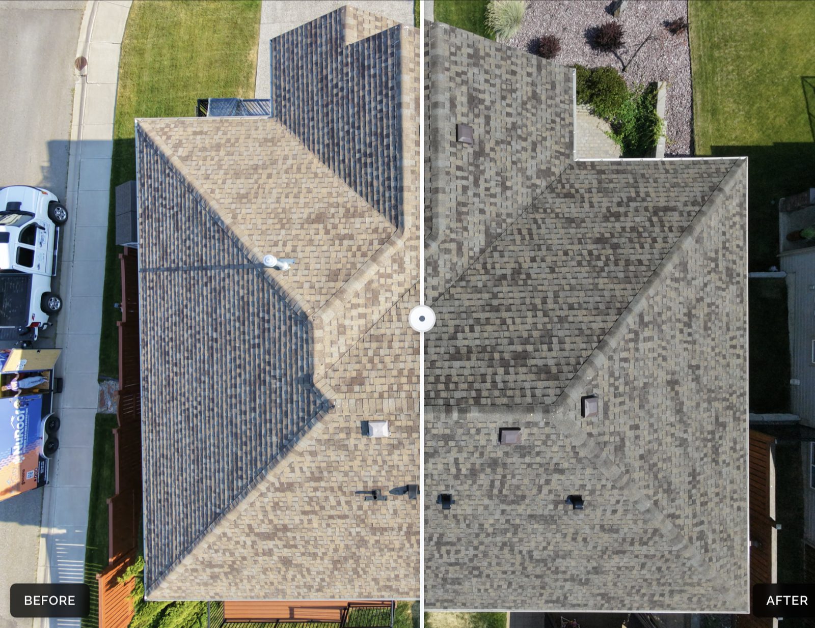 Drone before and after comparison of a tan hip roof restored with NuRoof treatment