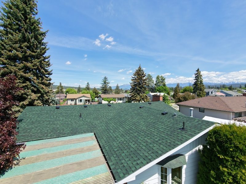Drone view of green shingle roof on Cranbrook home with mountain backdrop