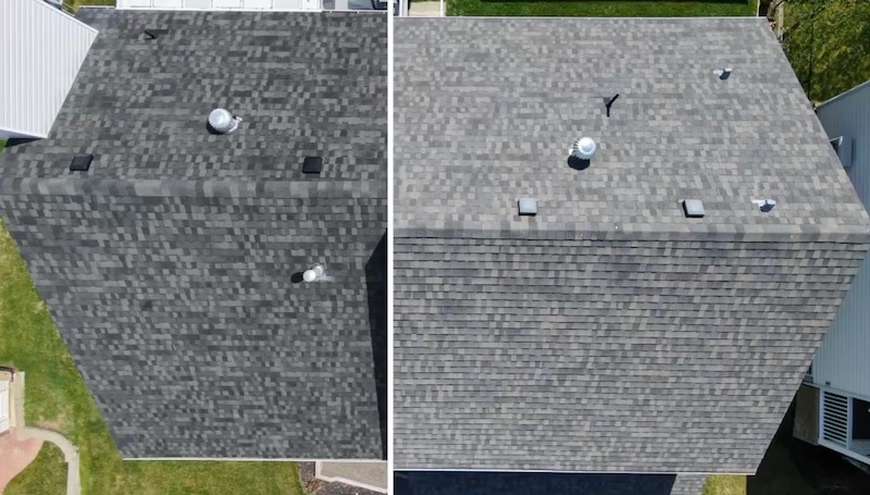 Before and after aerial roof comparison showing uniform colour restoration after NuRoof treatment