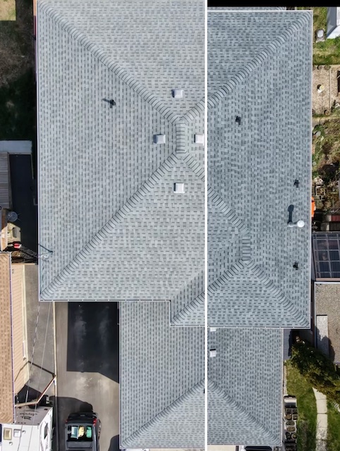 Aerial view of completed NuRoof shingle treatment on a large hip roof