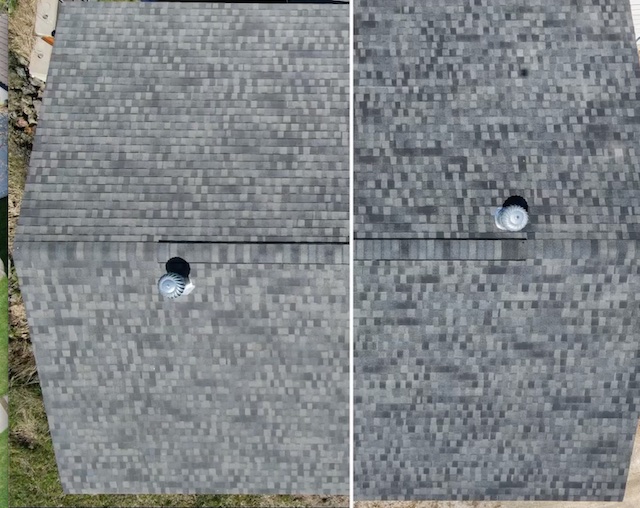 Close-up before and after comparison of shingle treatment