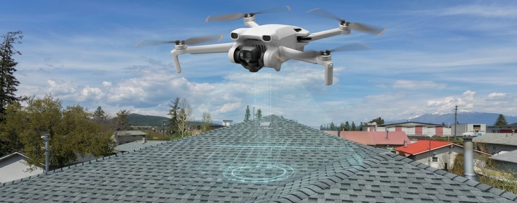 Drone flying over a roof to assess it.