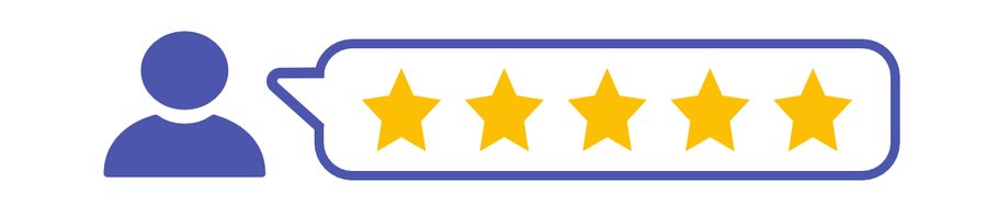 Icon of a person with a speech bubble containing five gold stars.